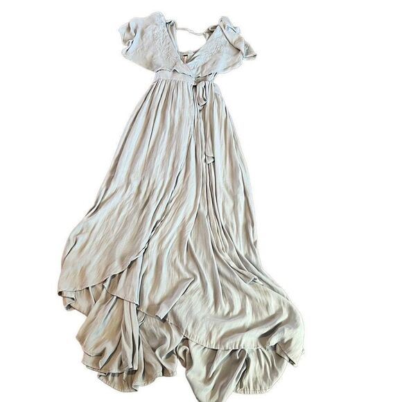 Free People Fiona Long Gray Floral Embroidered Wrap Maxi Dress SIZE S - Picture 6 of 10